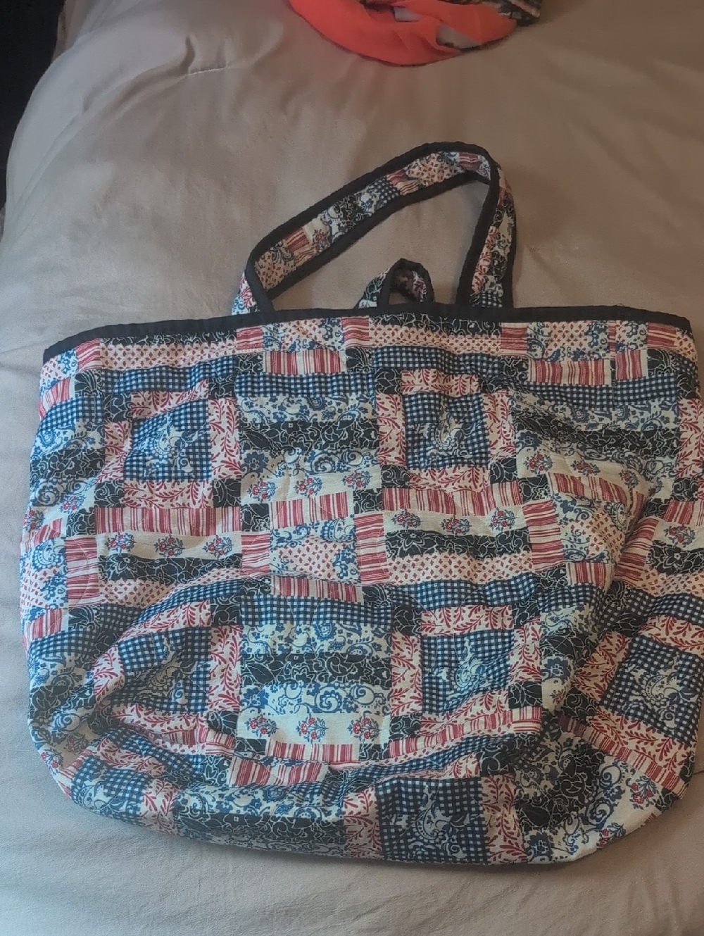 Quilted Patchwork Tote Bag in Red, Blue, and White